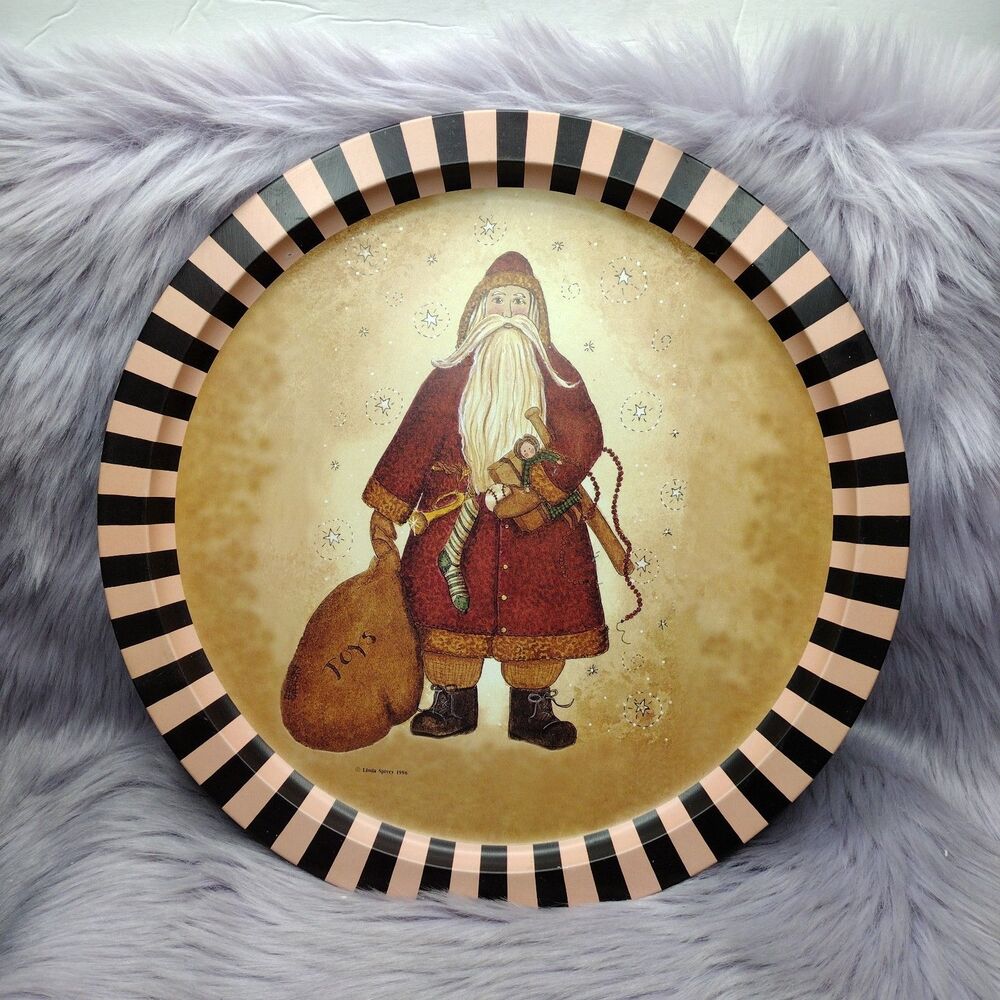 Vintage Linda Spivey 1996 Christmas Santa Round Tin Tray Decor